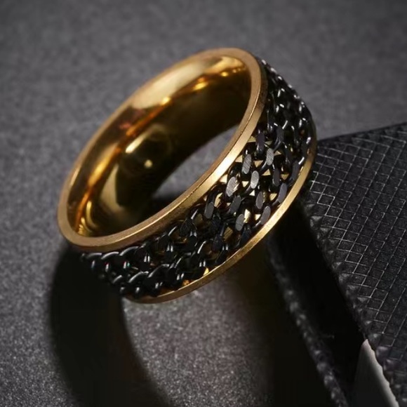 Men’s Gold Stainless Steel Spinner Ring – Black Chain Link 8mm Band - Picture 4 of 5
